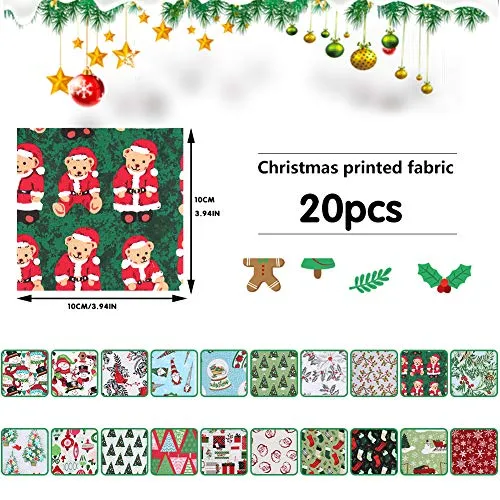 20 Pcs Christmas Cotton Fabric Bundles Squares, Christmas Patterns Precut Fabric Patchwork Scraps for DIY Christmas Stocking Tree Coaster Party Supplies(3.94 x 3.94 inch)