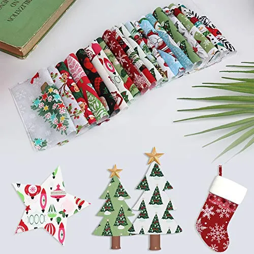 20 Pcs Christmas Cotton Fabric Bundles Squares, Christmas Patterns Precut Fabric Patchwork Scraps for DIY Christmas Stocking Tree Coaster Party Supplies(3.94 x 3.94 inch)