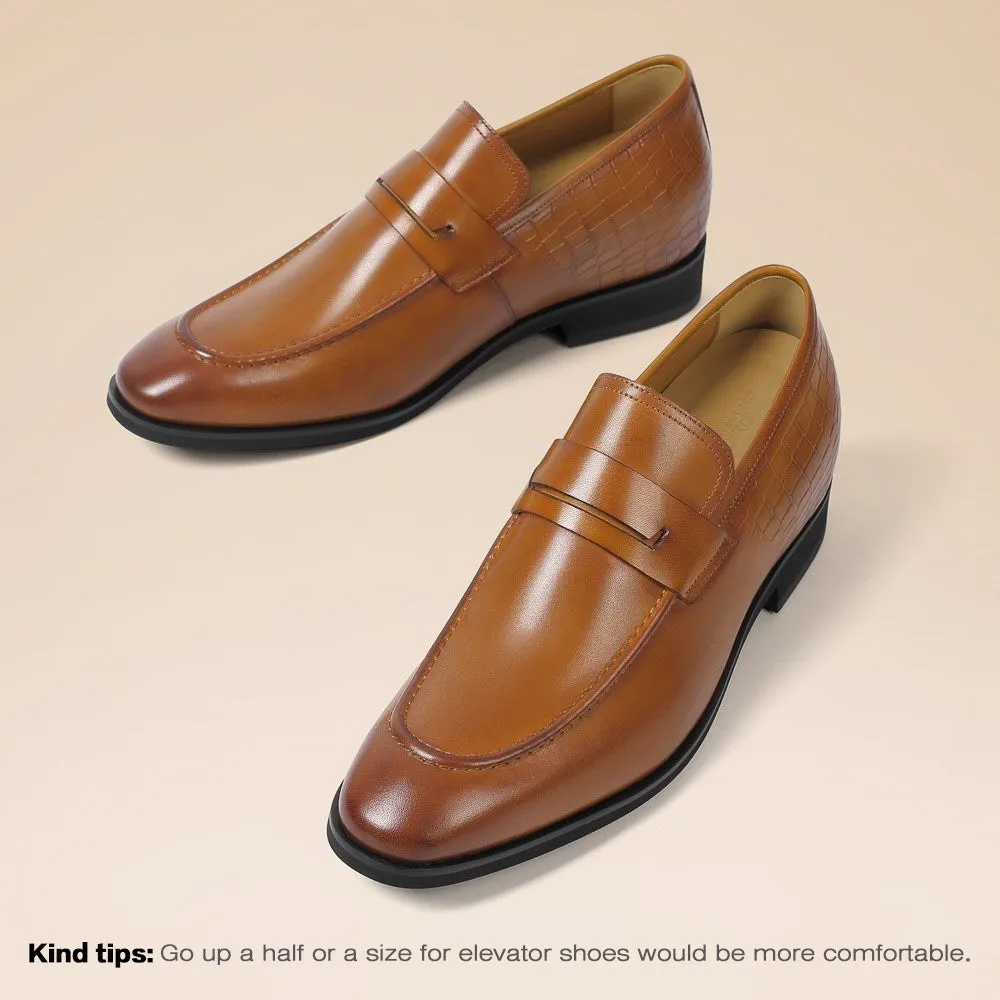 7 CM / 2.76 Inches CMR CHAMARIPA Men's Brown Leather Elevator Loafers -  Elegant Slip-On Dress Shoes