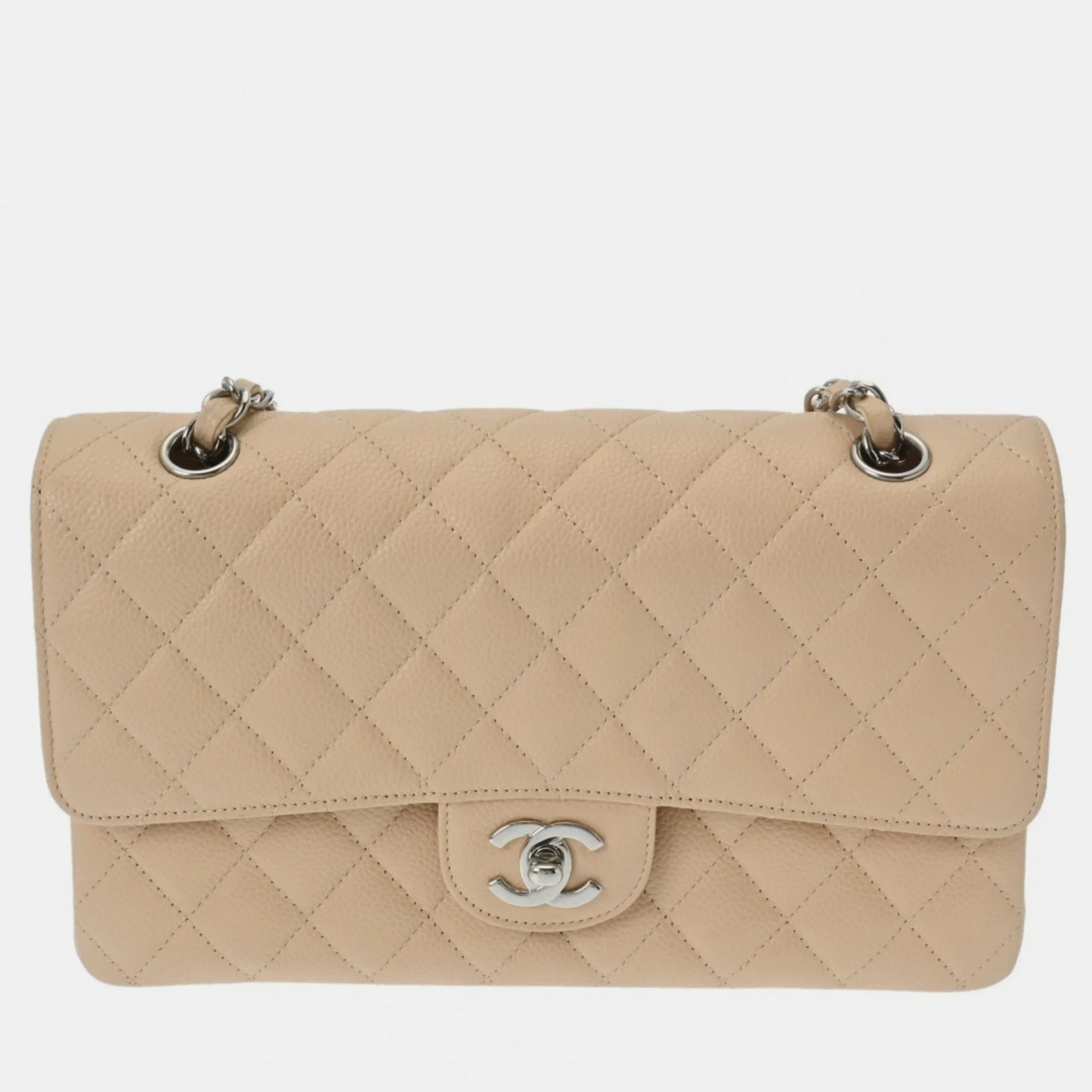 Beige Caviar Skin Matelasse Chain Shoulder Double Flap 25cm Bag