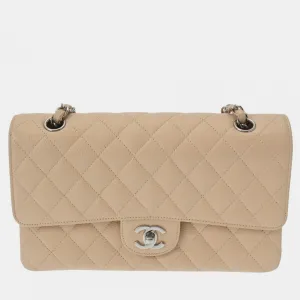 Beige Caviar Skin Matelasse Chain Shoulder Double Flap 25cm Bag