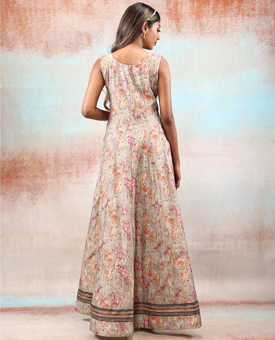Beige embroidered & floral motif printed chanderi Anarkali, dupatta printed with intricate floral & geometric patterns