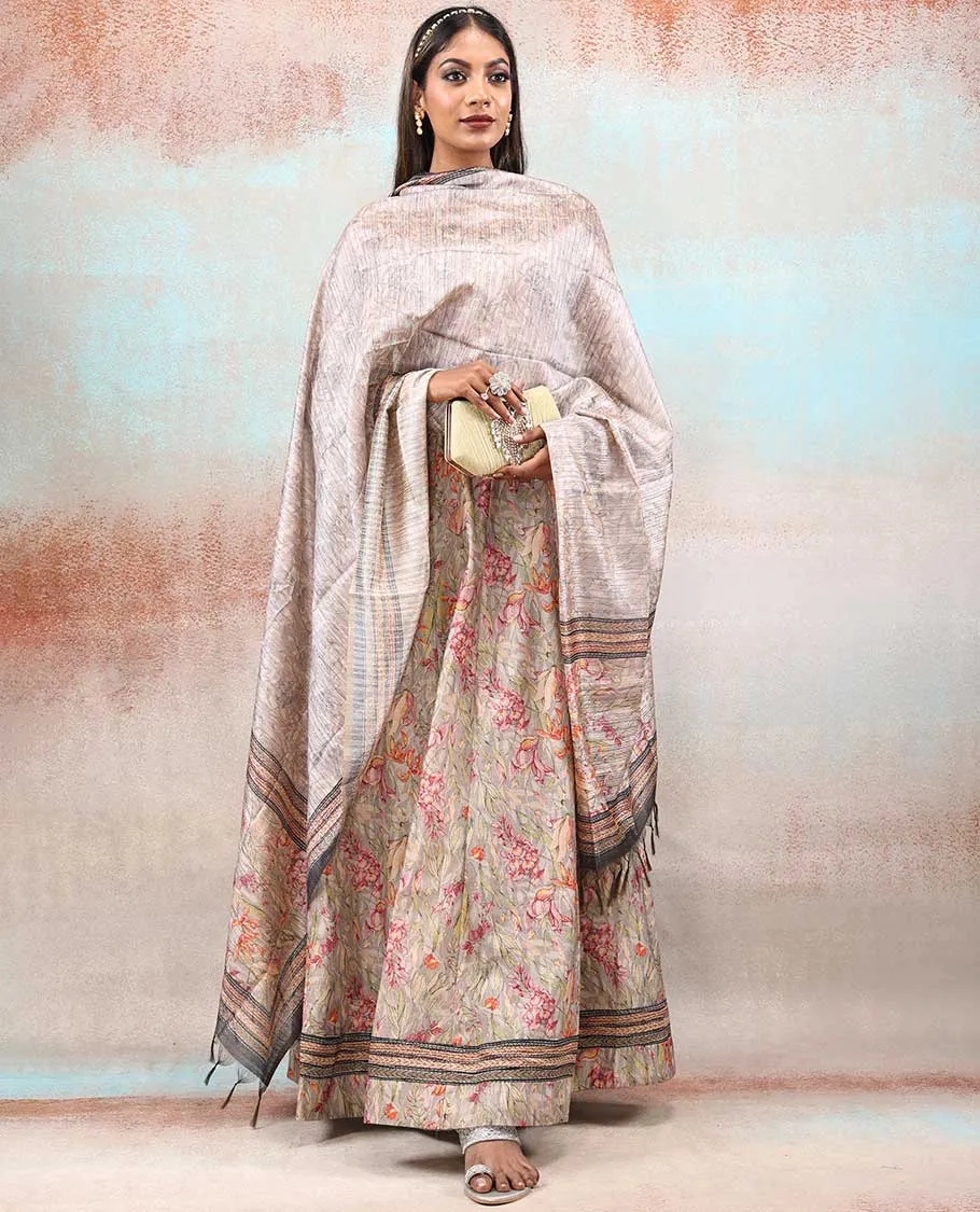 Beige embroidered & floral motif printed chanderi Anarkali, dupatta printed with intricate floral & geometric patterns