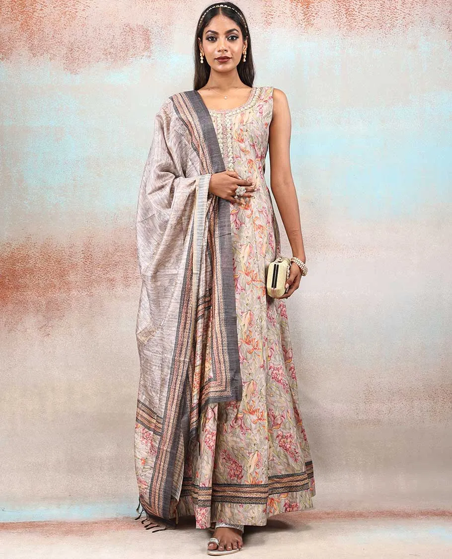 Beige embroidered & floral motif printed chanderi Anarkali, dupatta printed with intricate floral & geometric patterns