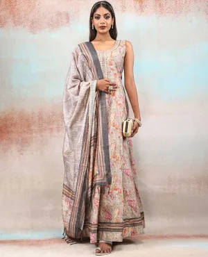Beige embroidered & floral motif printed chanderi Anarkali, dupatta printed with intricate floral & geometric patterns