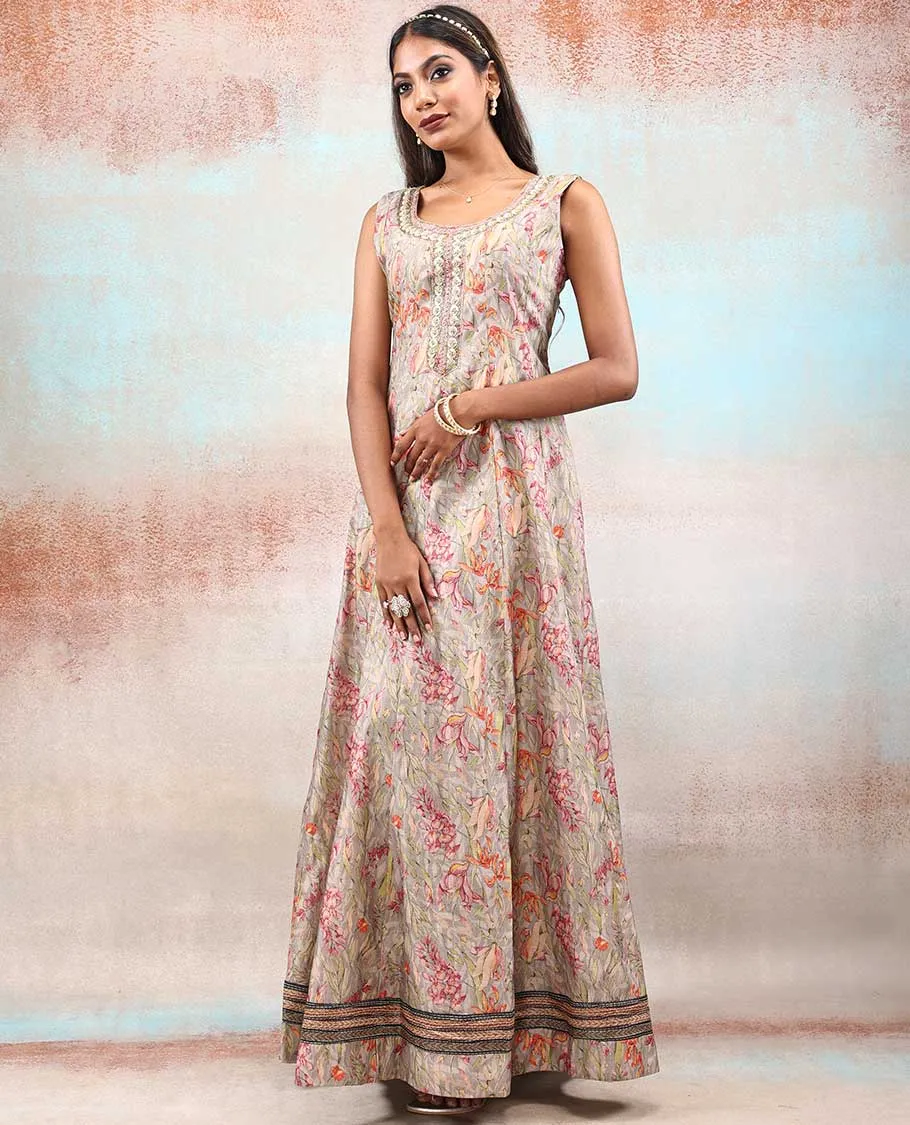 Beige embroidered & floral motif printed chanderi Anarkali, dupatta printed with intricate floral & geometric patterns