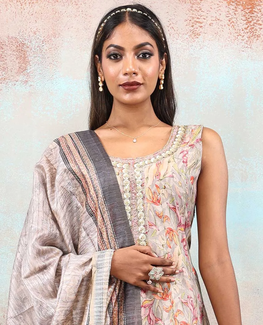 Beige embroidered & floral motif printed chanderi Anarkali, dupatta printed with intricate floral & geometric patterns