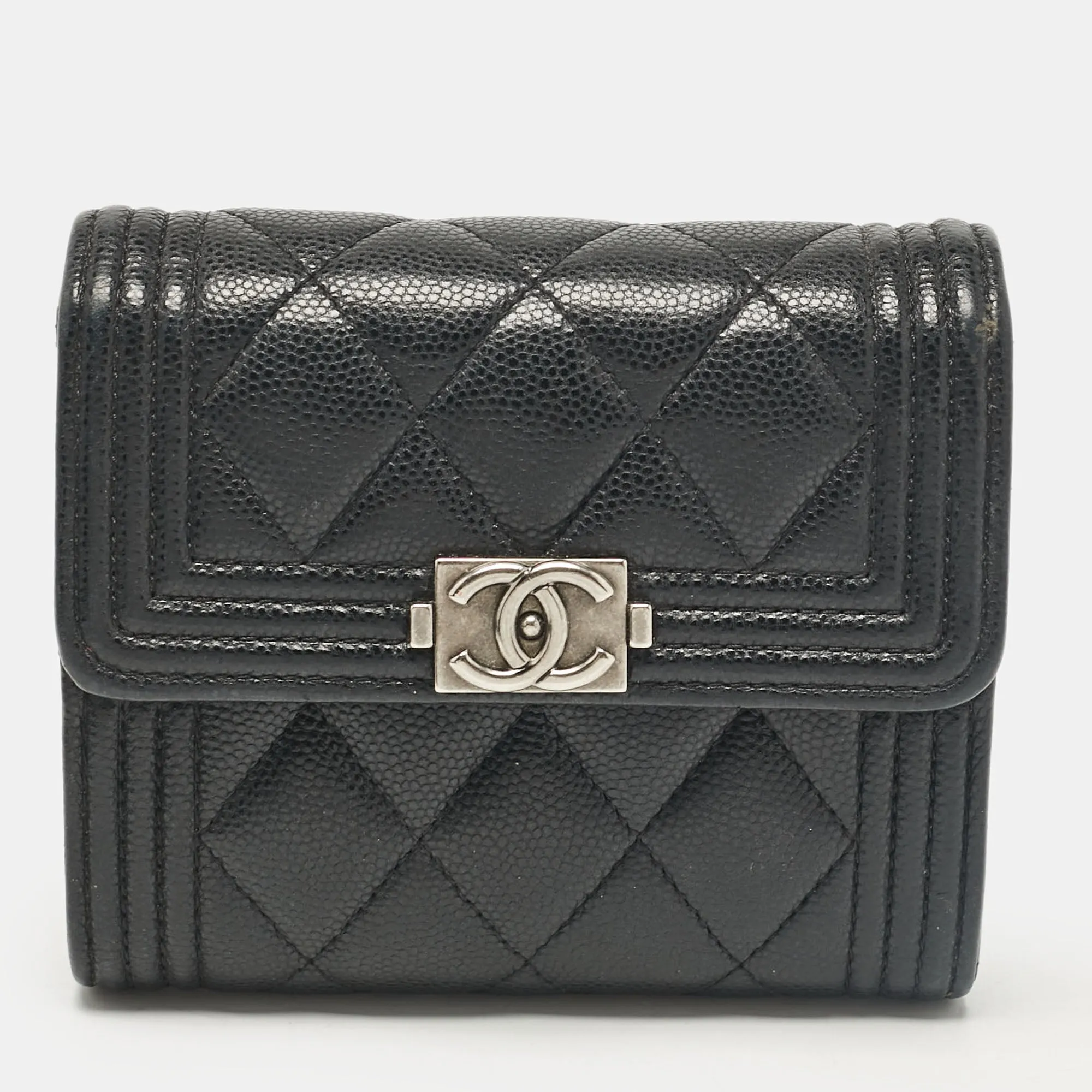 Black Caviar Quilted Leather Boy Trifold Wallet