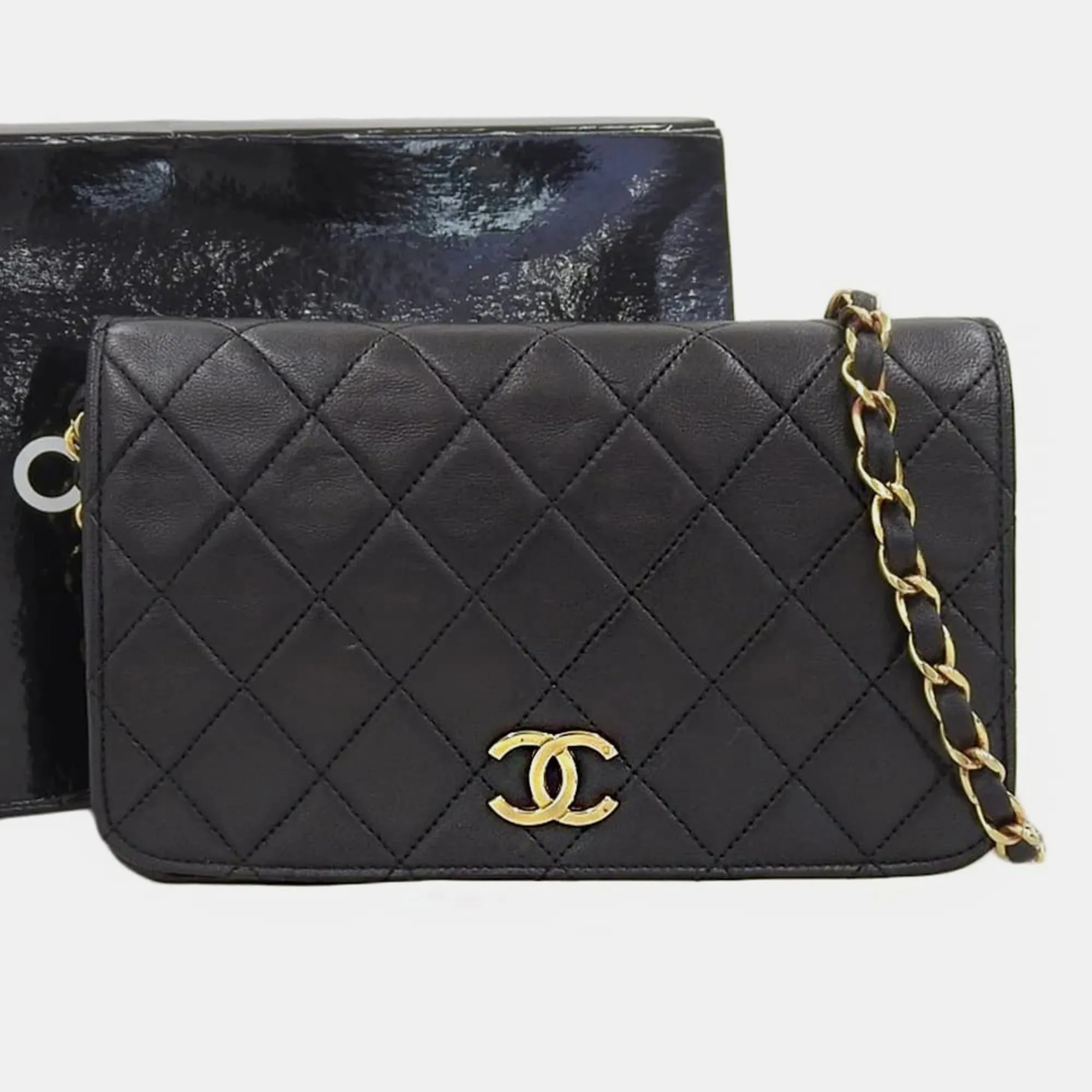 Black Leather Vintage Quilted Wallet On Chain