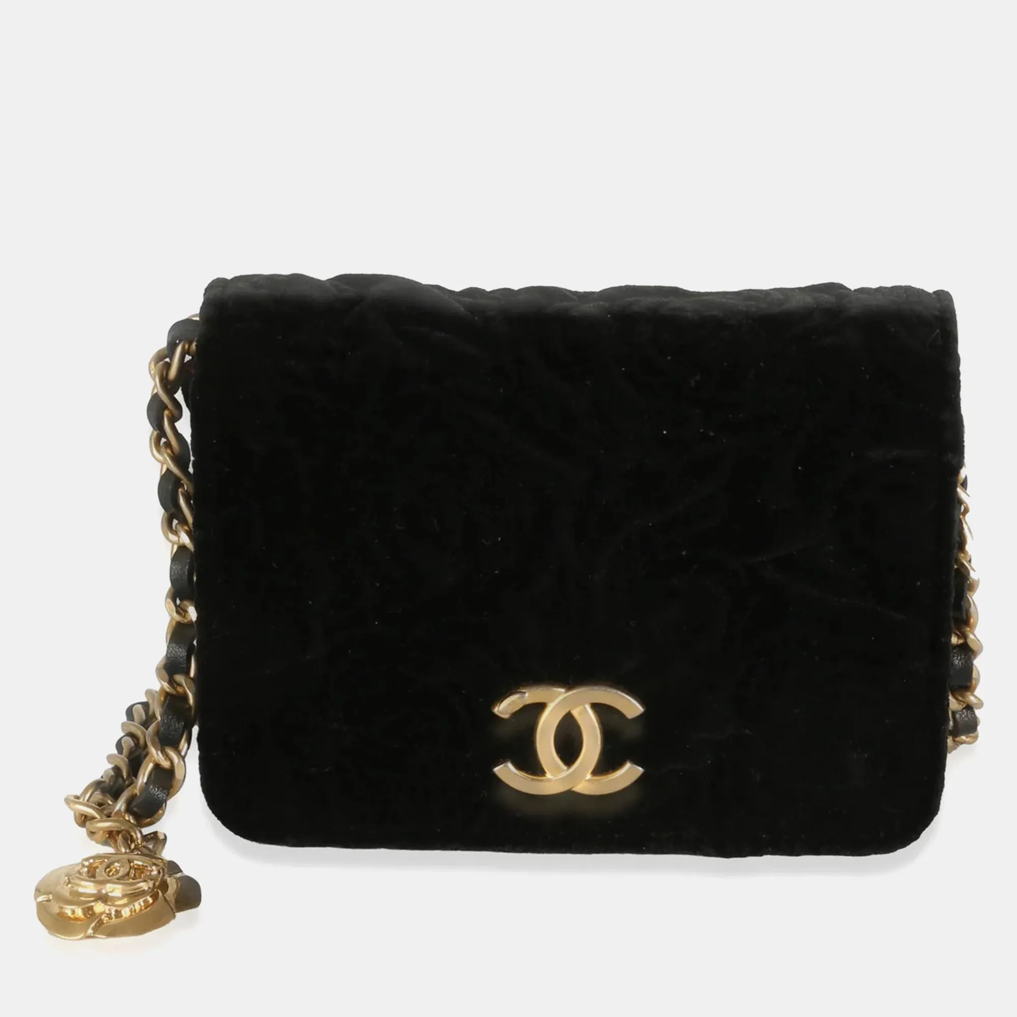 Black Velvet Camellia Mini Coin Purse With Chain