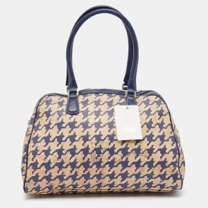 Blue/Beige Pattern Print Coated Canvas Satchel