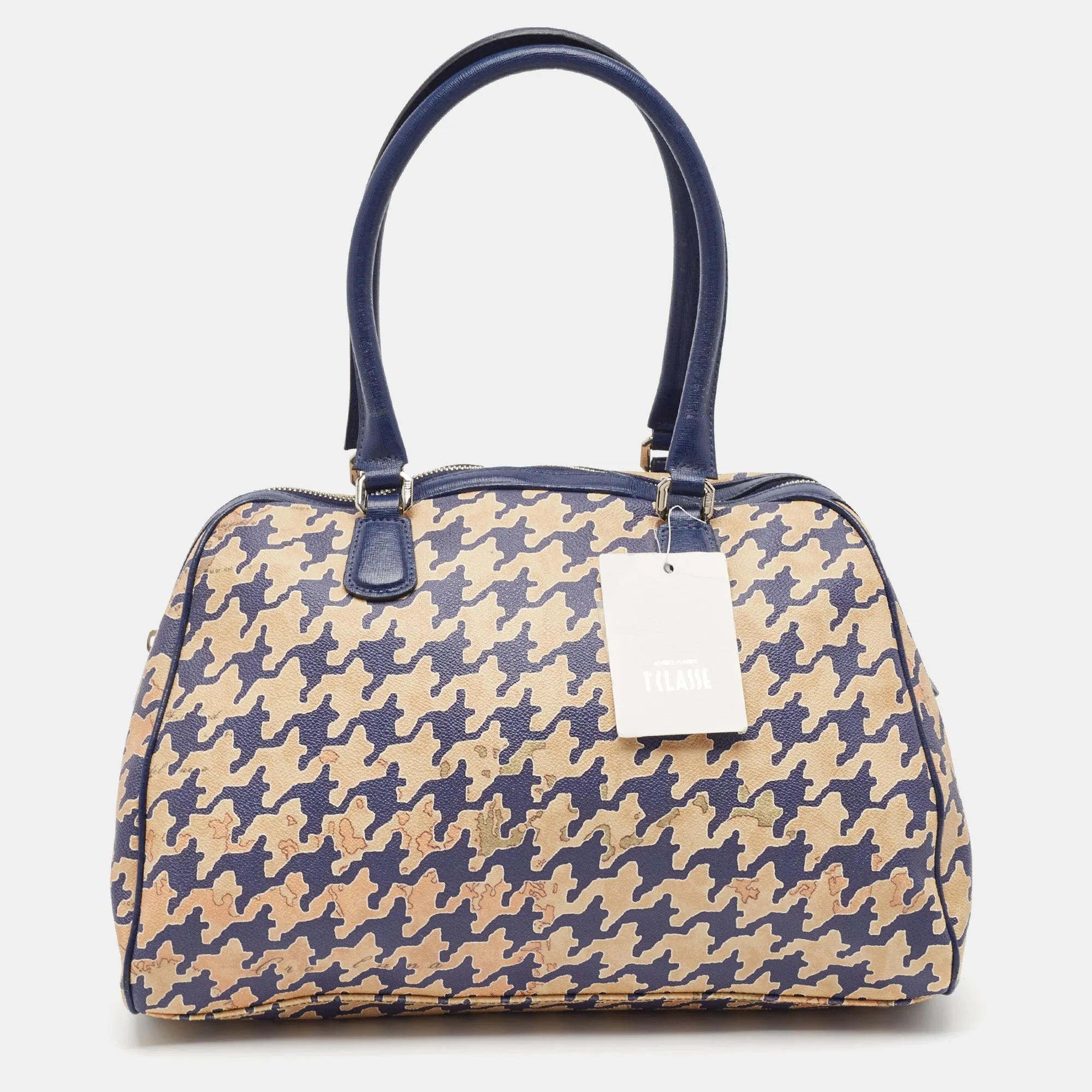 Blue/Beige Pattern Print Coated Canvas Satchel
