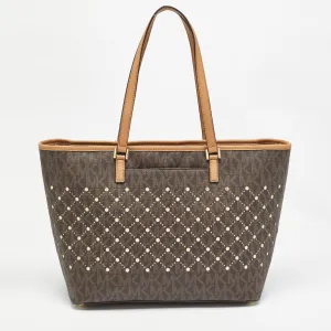 Brown Signature Coated Canvas and Leather Jet Set Violet Tote