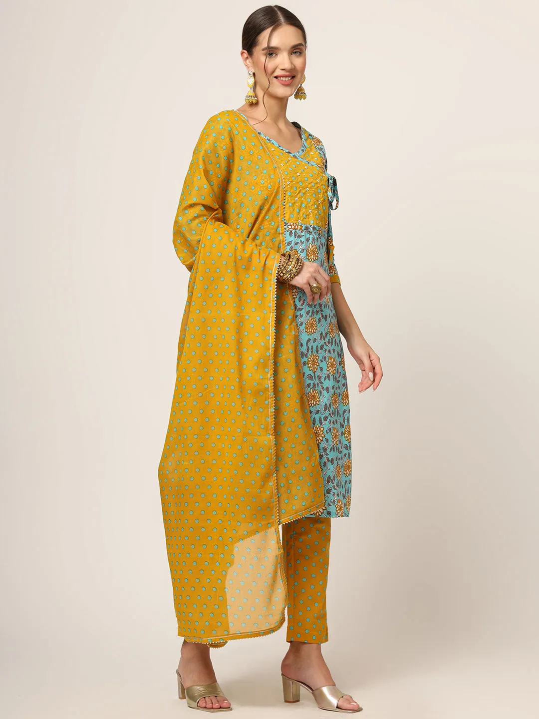 Divena Blue Floral Print Cotton Straight fit Kurta Set