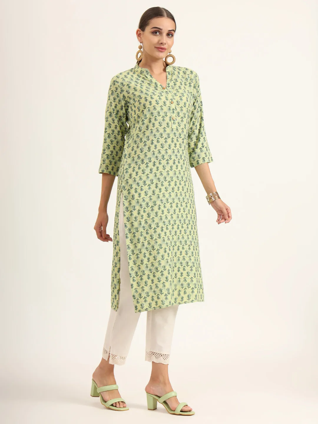 Divena Green Floral Print Pure Cotton Straight Kurta