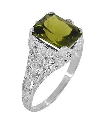 Edwardian Filigree Radiant Cut Olive Green Peridot Ring in Sterling Silver | 3.5 Carats