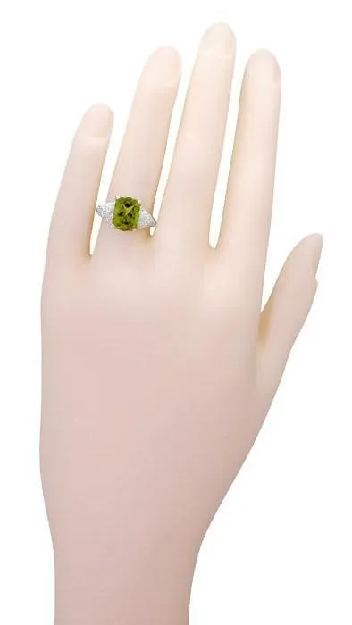 Edwardian Filigree Radiant Cut Olive Green Peridot Ring in Sterling Silver | 3.5 Carats