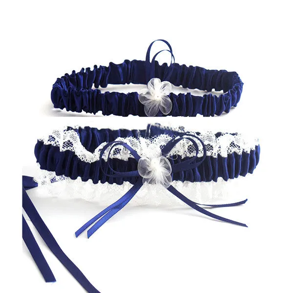 Elegant Navy Blue and Beige Lace Bride Garter Set