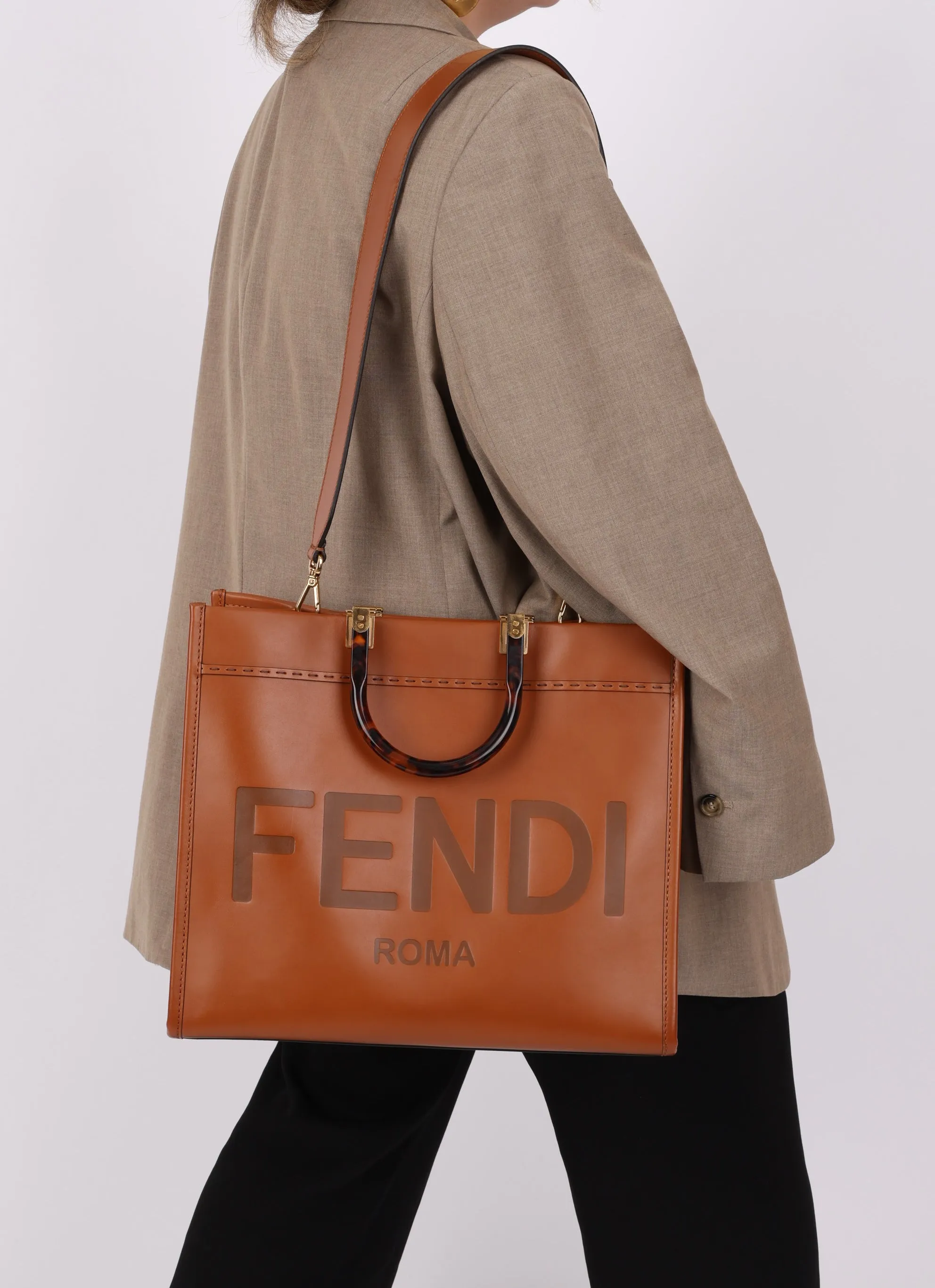 Fendi Sunshine Leather Medium Tan Tortoise Handle Tote Bag