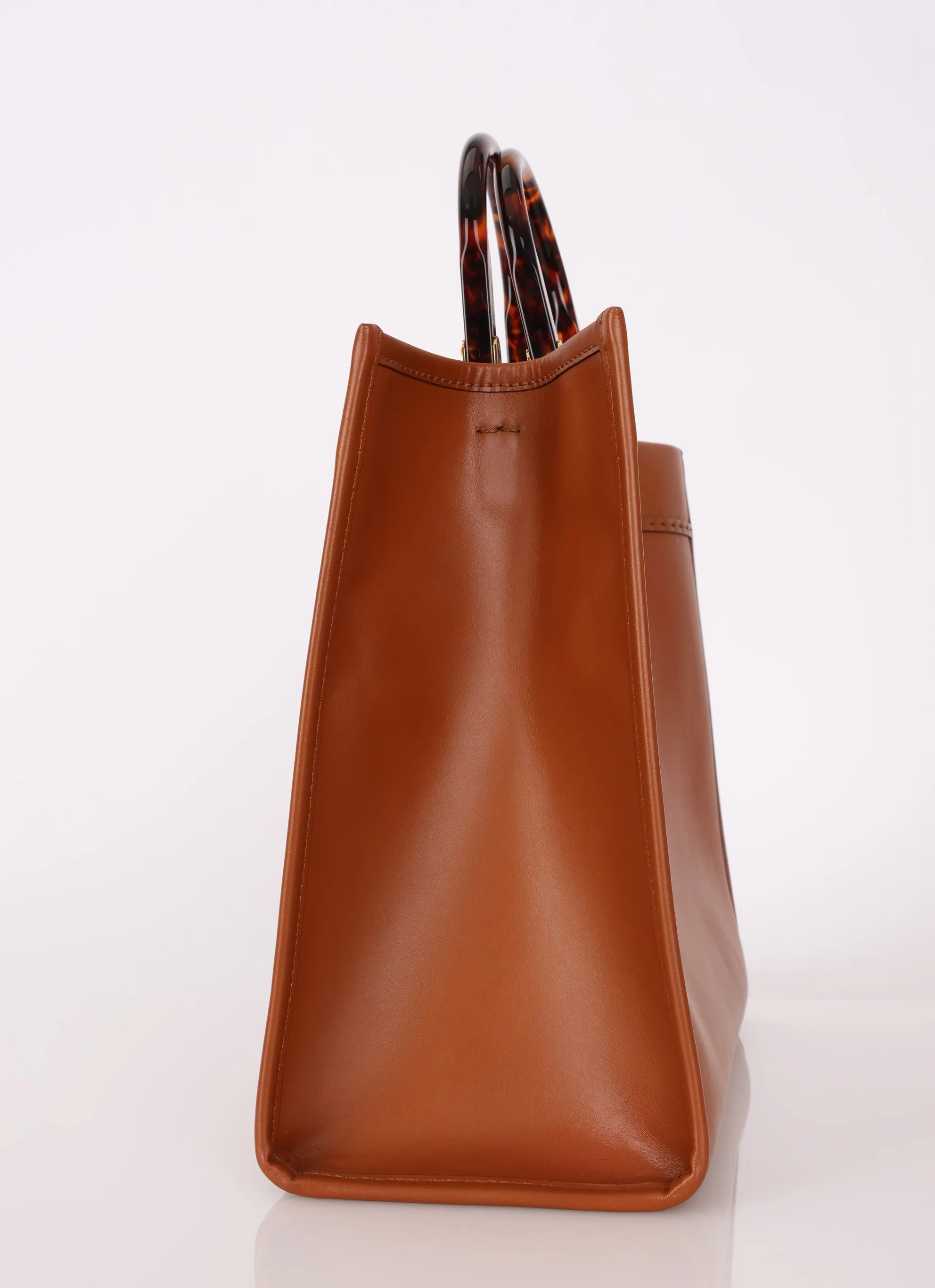 Fendi Sunshine Leather Medium Tan Tortoise Handle Tote Bag