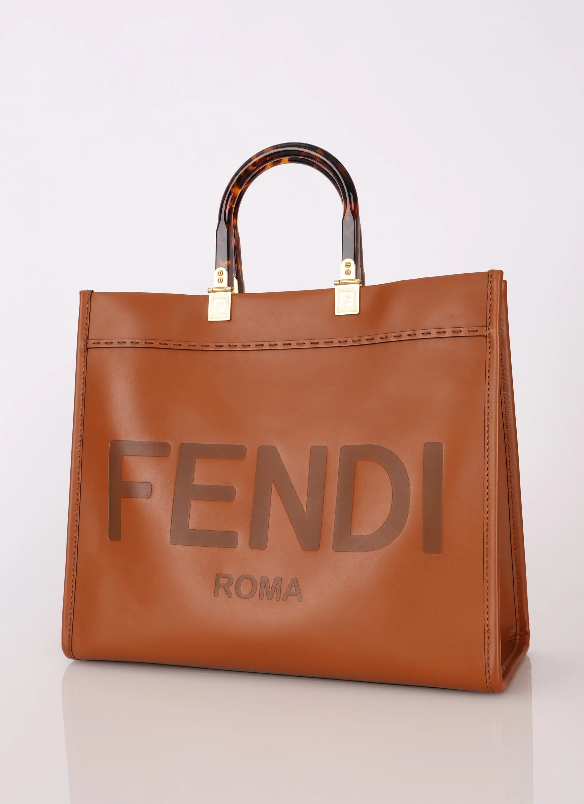 Fendi Sunshine Leather Medium Tan Tortoise Handle Tote Bag