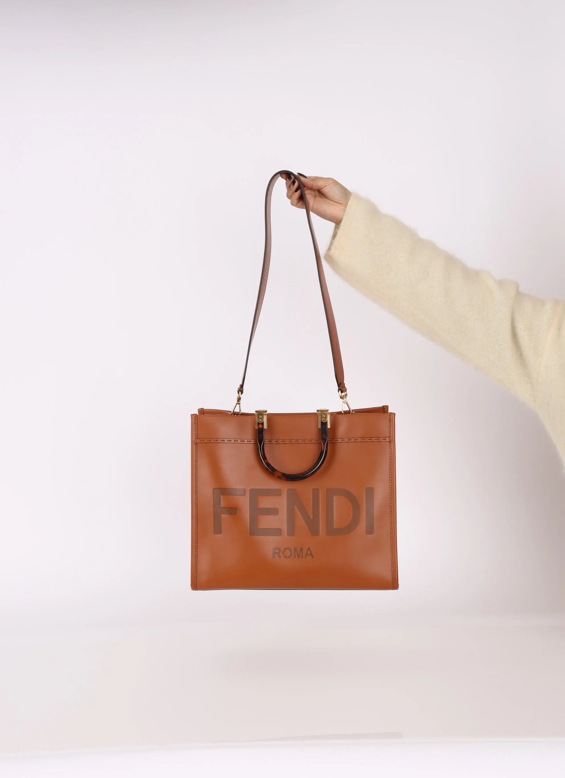 Fendi Sunshine Leather Medium Tan Tortoise Handle Tote Bag