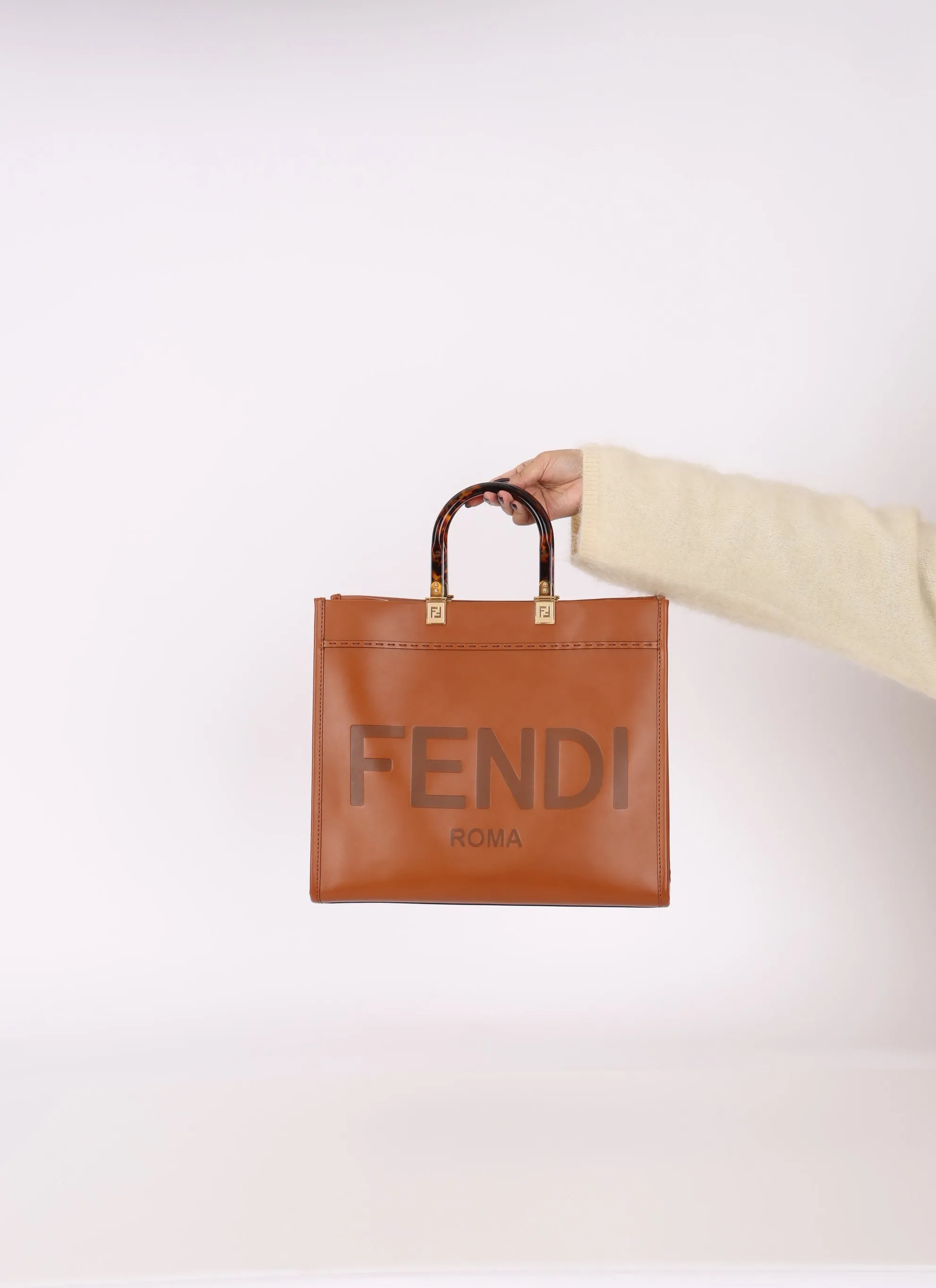 Fendi Sunshine Leather Medium Tan Tortoise Handle Tote Bag