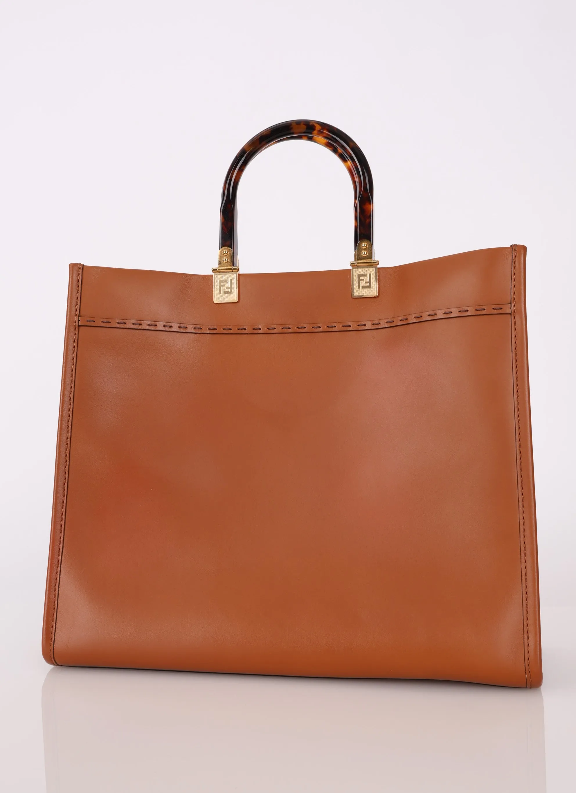 Fendi Sunshine Leather Medium Tan Tortoise Handle Tote Bag