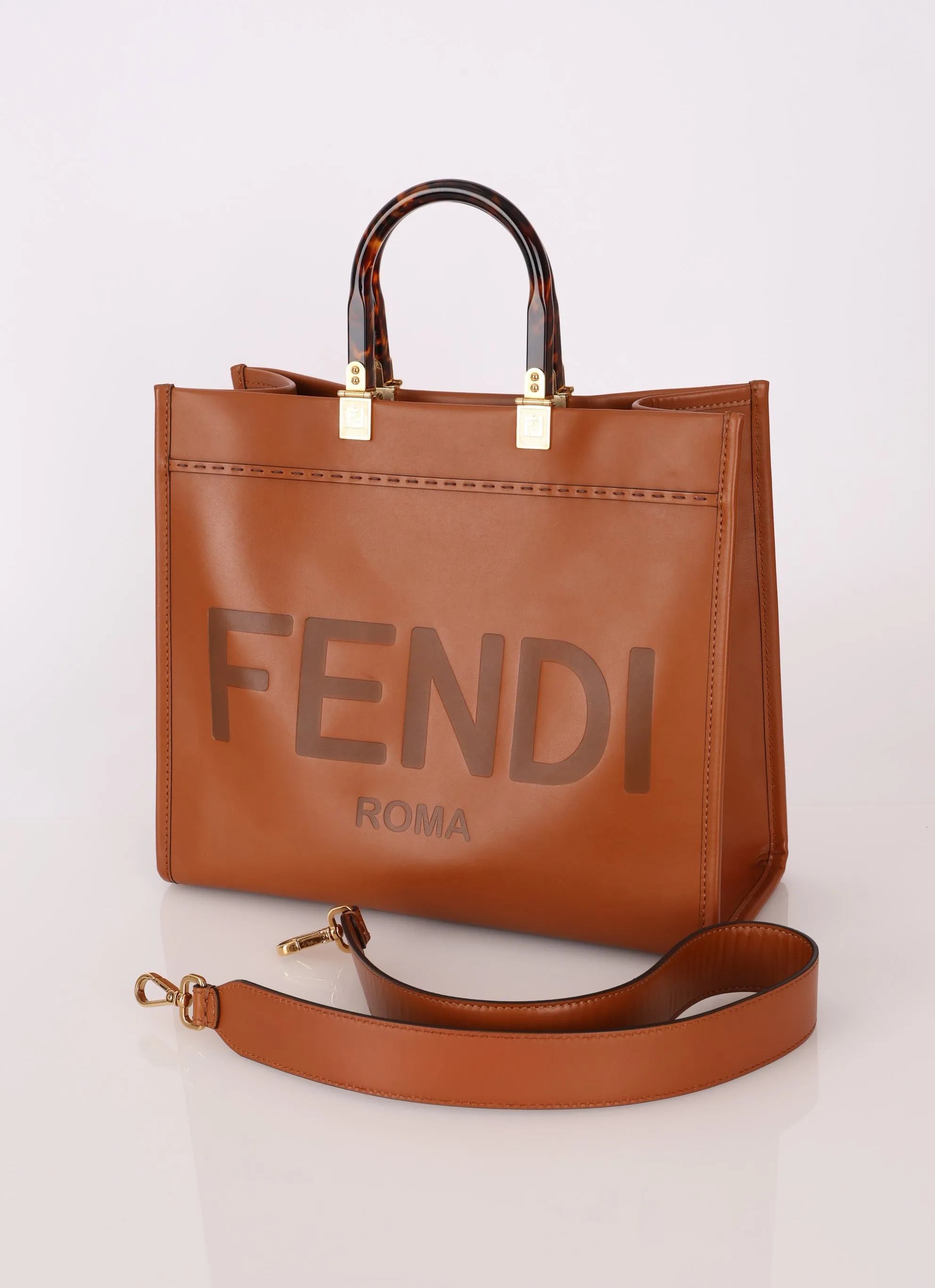 Fendi Sunshine Leather Medium Tan Tortoise Handle Tote Bag