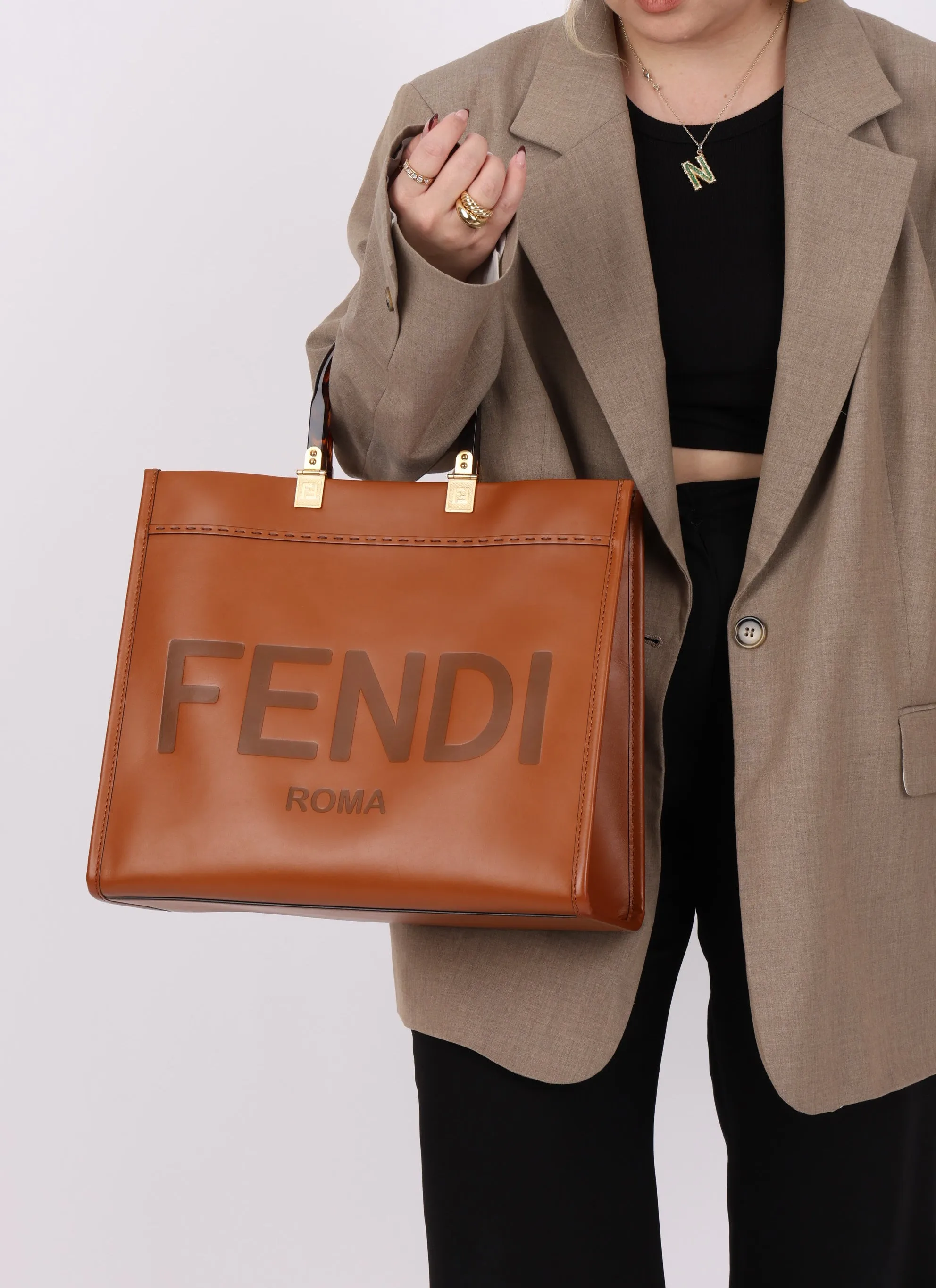 Fendi Sunshine Leather Medium Tan Tortoise Handle Tote Bag
