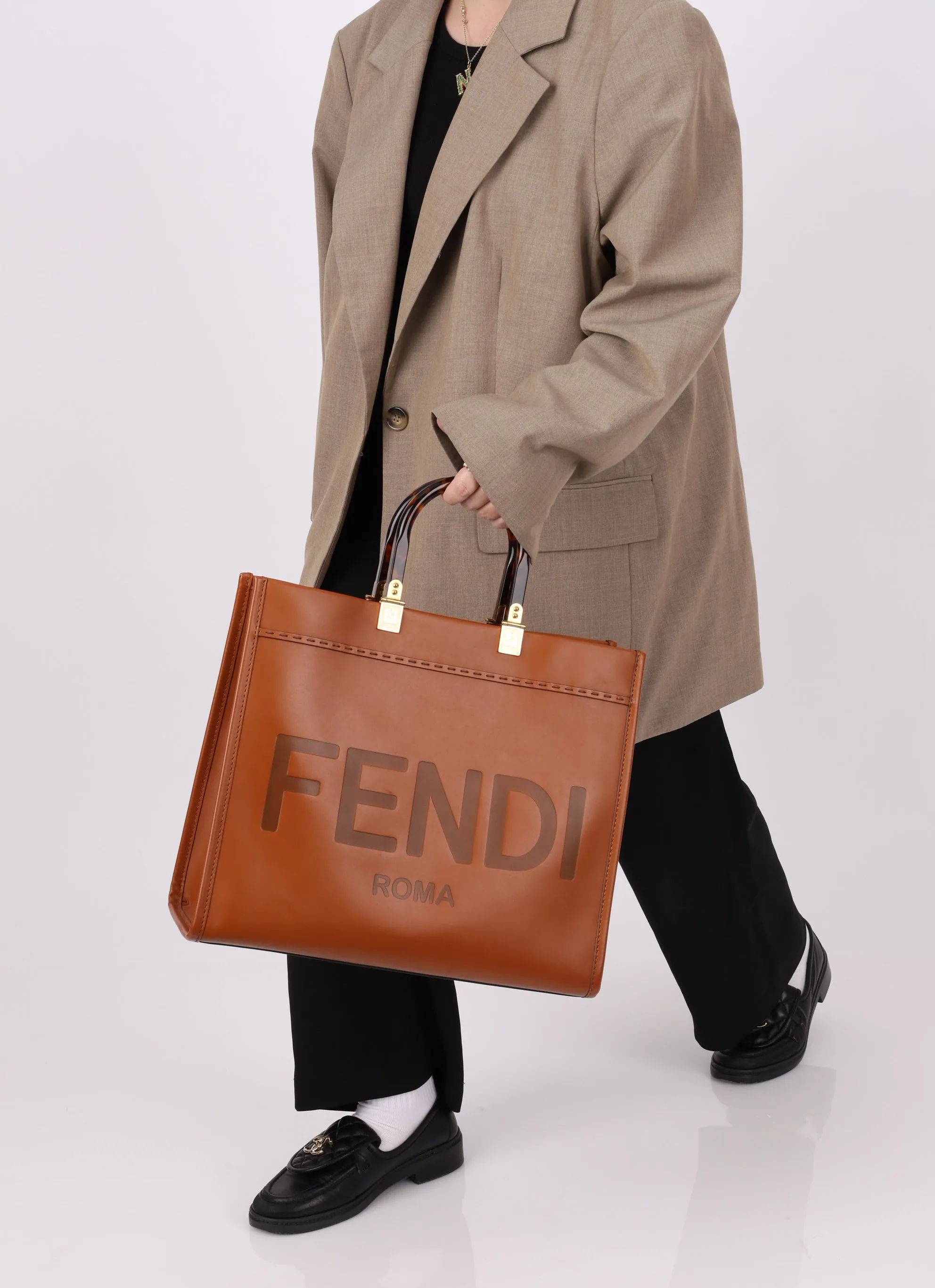 Fendi Sunshine Leather Medium Tan Tortoise Handle Tote Bag