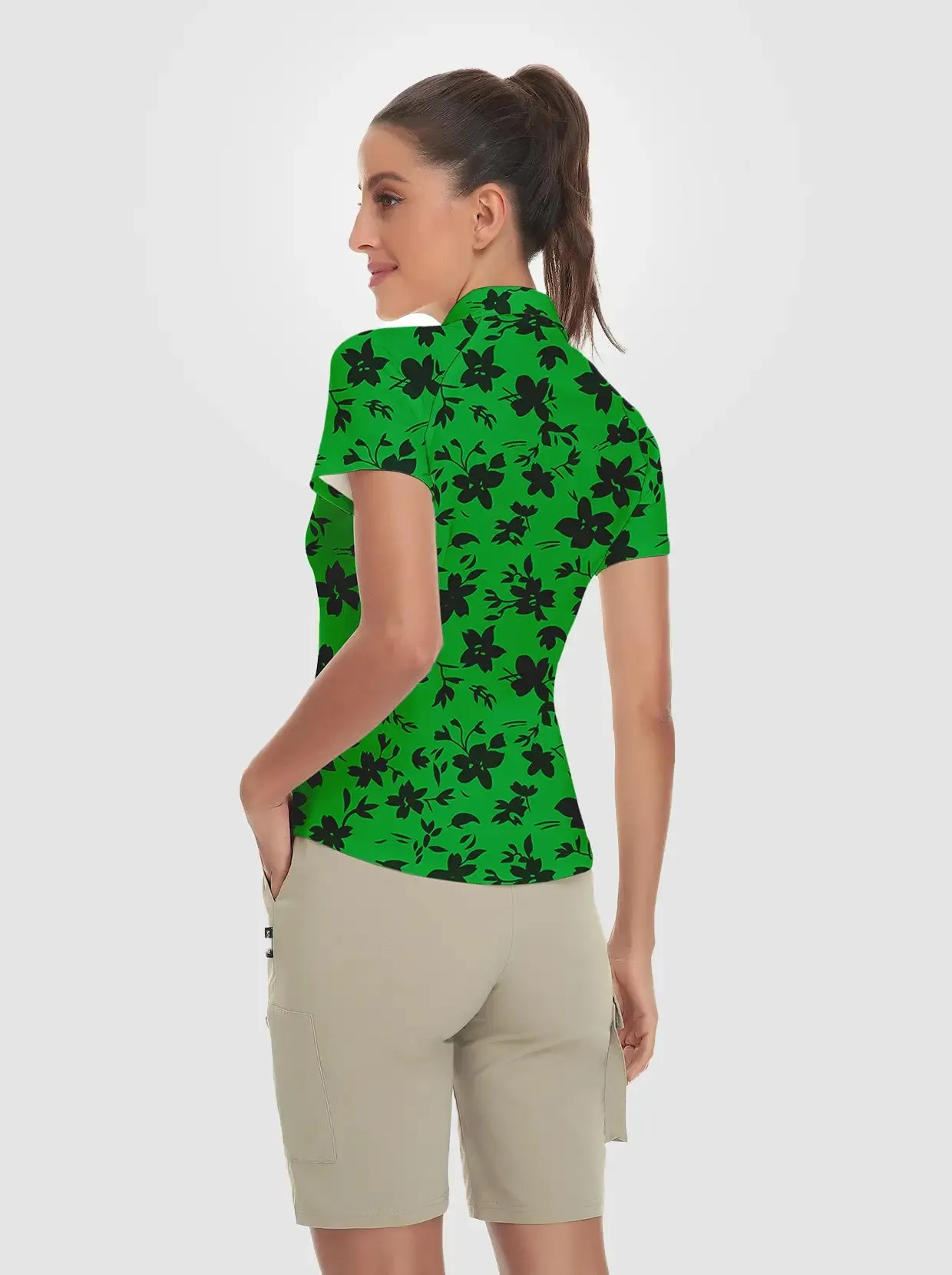 Ladies Black Floral on Green background Quarter-zip Short-sleeve Polo Shirt
