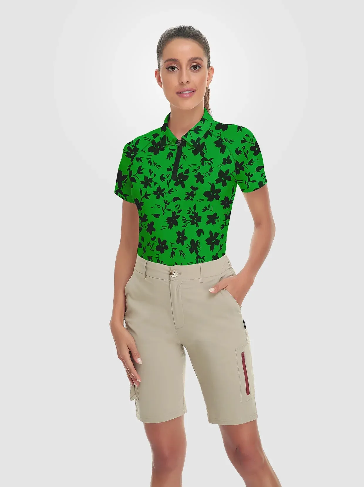 Ladies Black Floral on Green background Quarter-zip Short-sleeve Polo Shirt