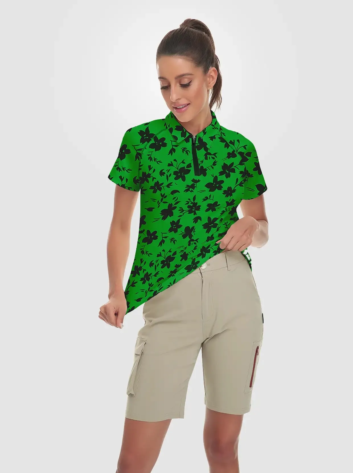 Ladies Black Floral on Green background Quarter-zip Short-sleeve Polo Shirt