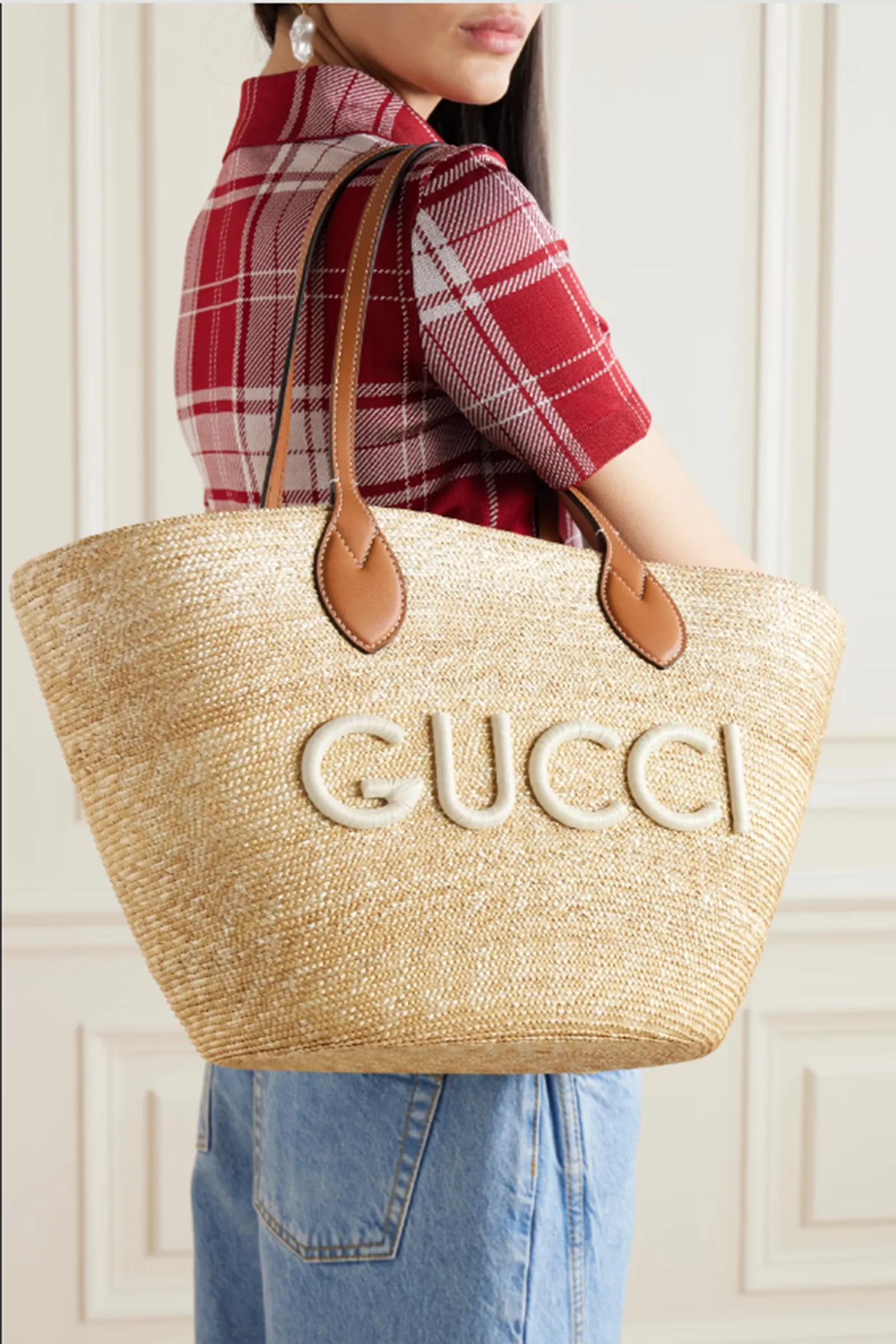 Leather-Trimmed Appliquéd Raffia Tote