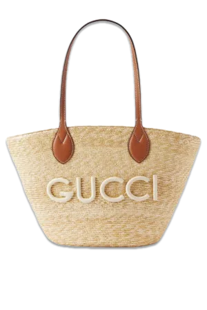 Leather-Trimmed Appliquéd Raffia Tote