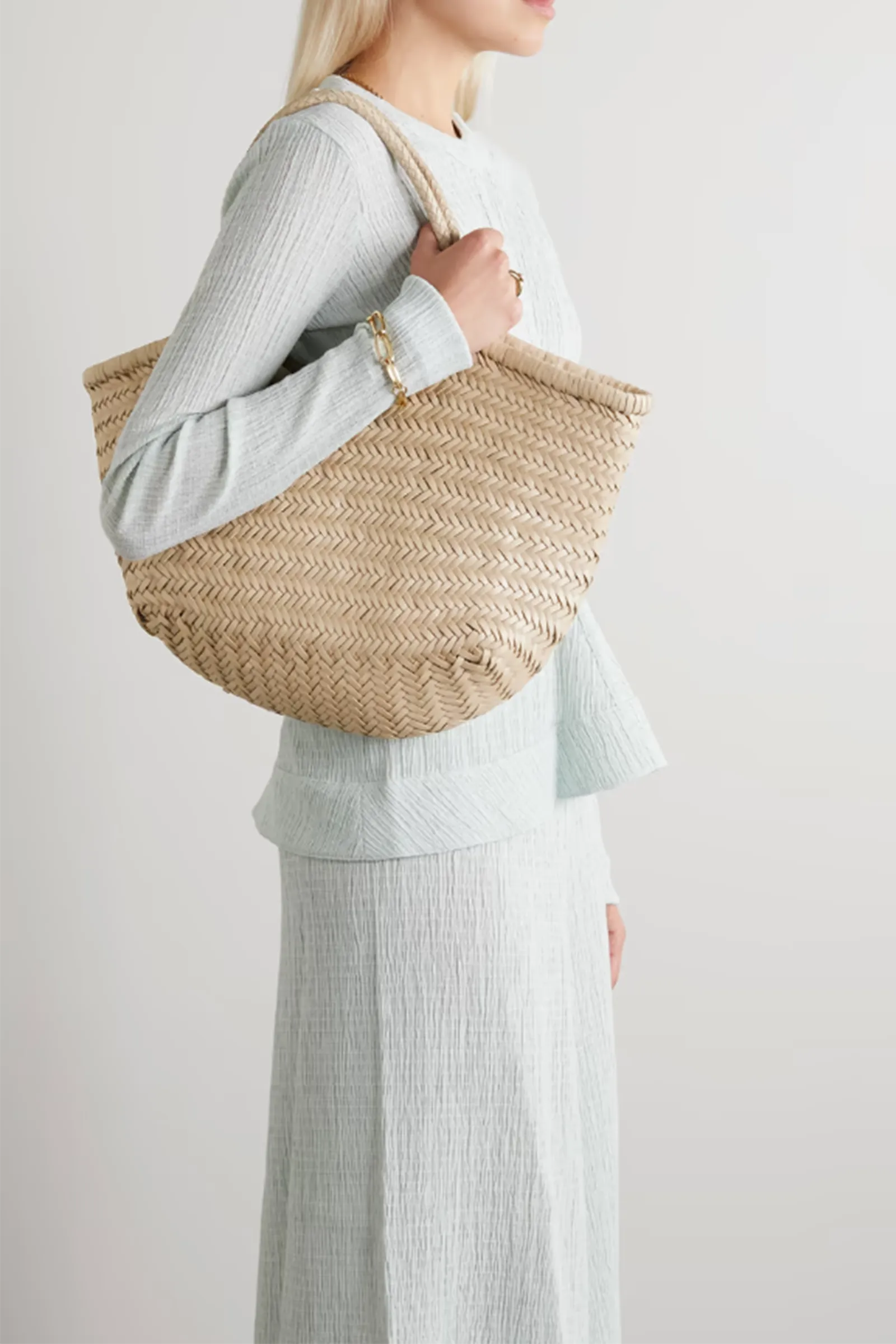 Nantucket Large Woven Leather Tote Cream/White