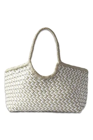 Nantucket Large Woven Leather Tote Cream/White