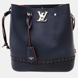 Navy Blue Leather Lock Me Bucket Bag