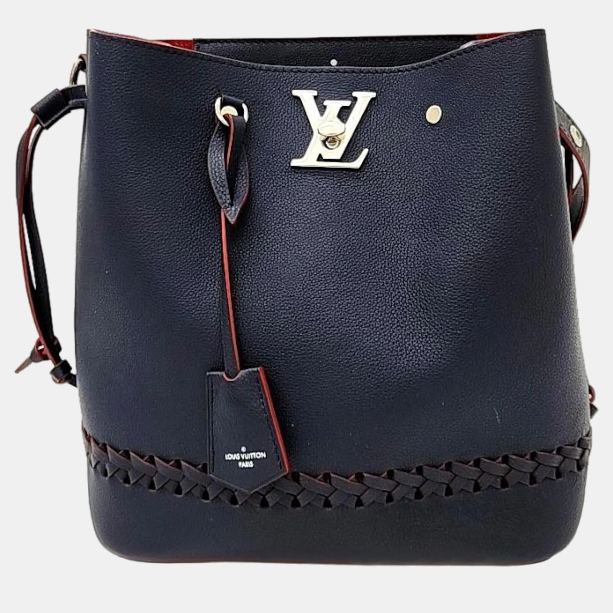 Navy Blue Leather Lock Me Bucket Bag