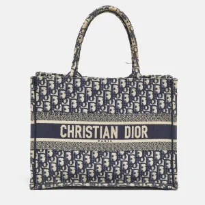 Navy Blue Oblique Embroidered Canvas Medium Book Tote