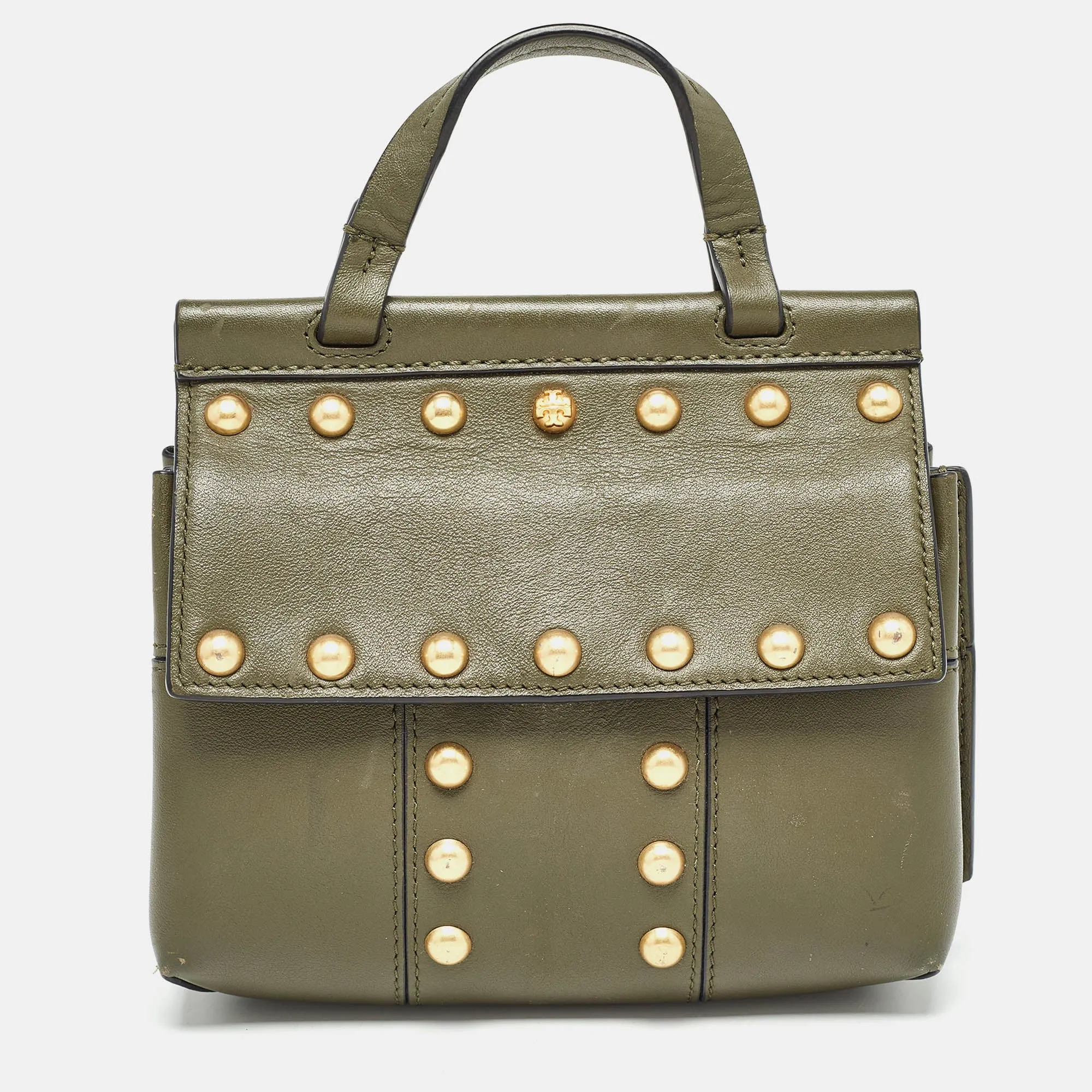 Olive Green Leather Mini Block-T Top Handle Bag
