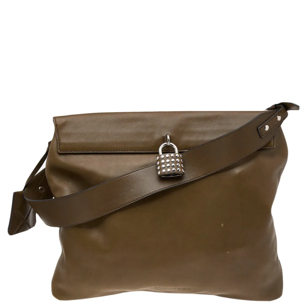Olive Green Leather Studded Lock Messenger Bag