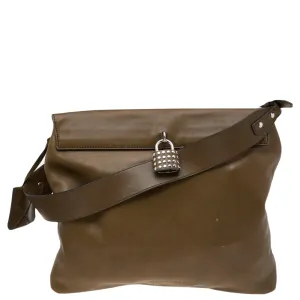 Olive Green Leather Studded Lock Messenger Bag