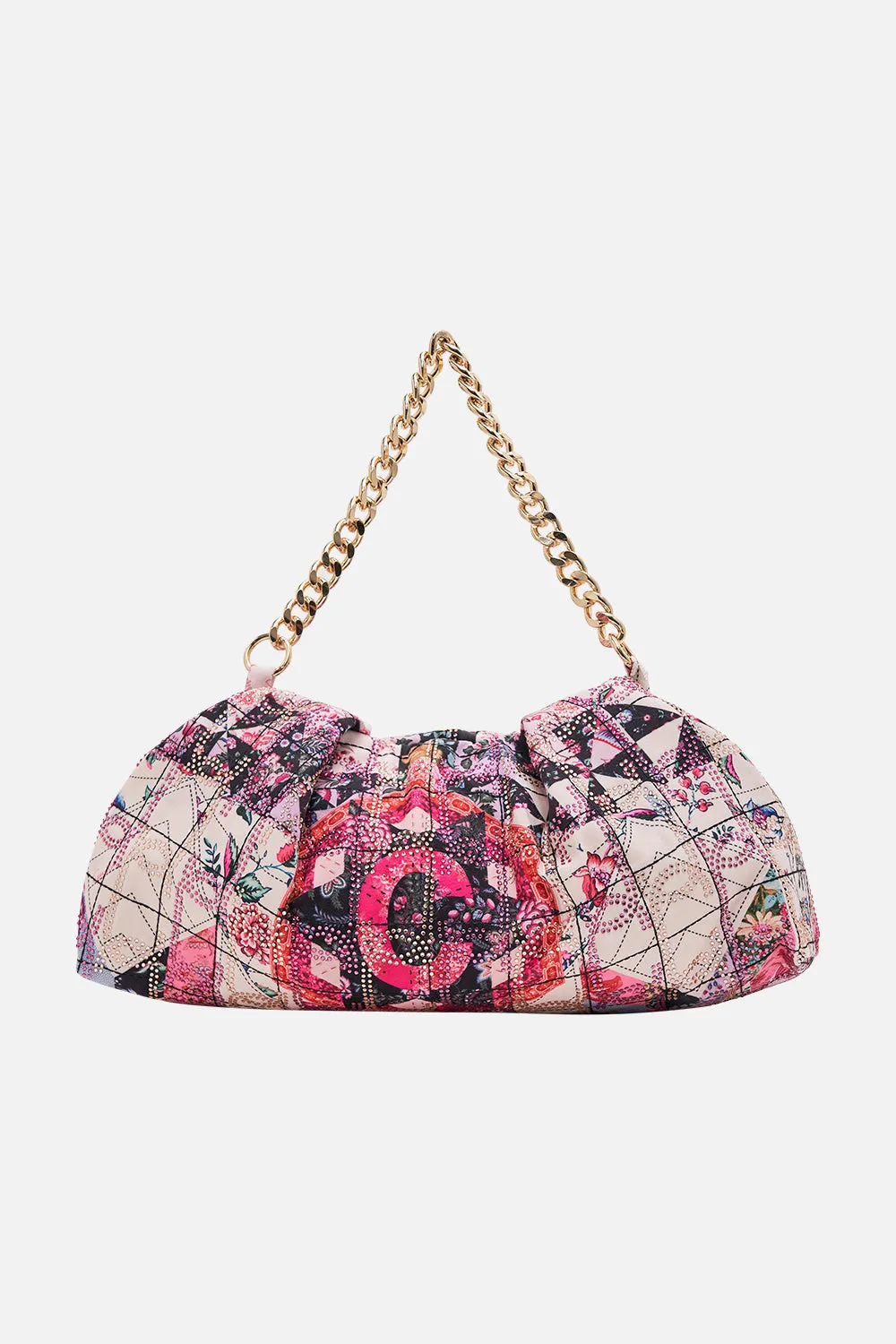 OVERSIZED CLUTCH WITH CHAIN PATCHWORK POETRY