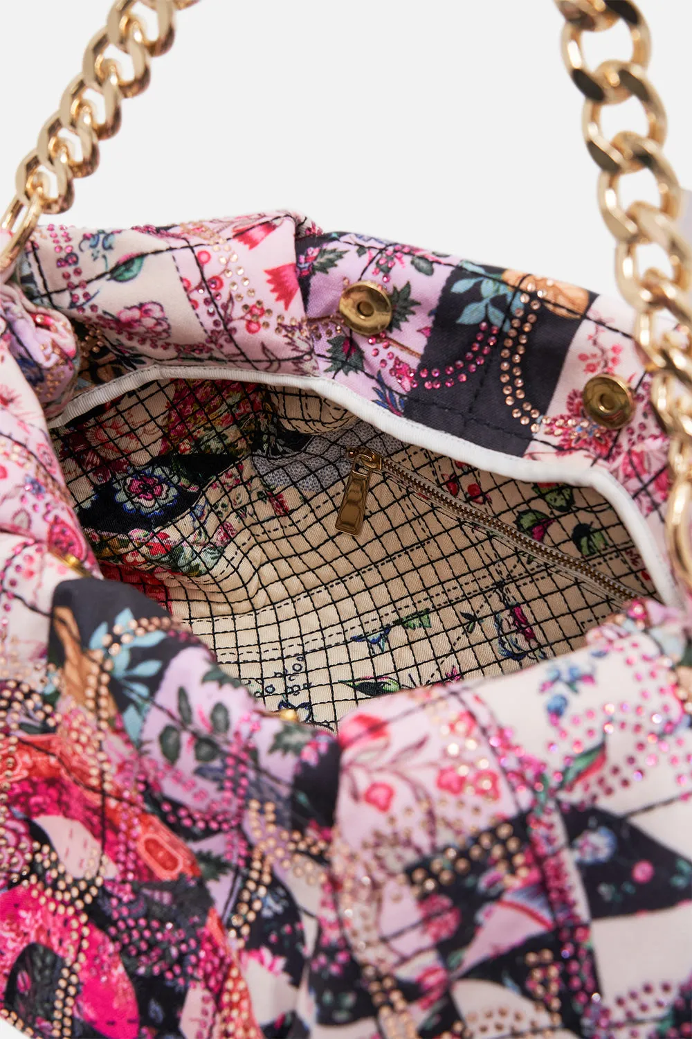 OVERSIZED CLUTCH WITH CHAIN PATCHWORK POETRY