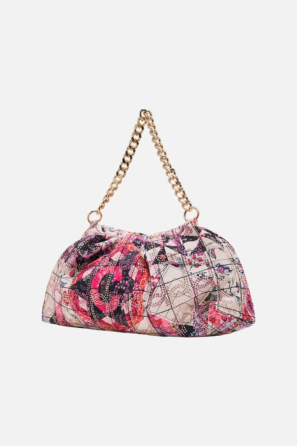 OVERSIZED CLUTCH WITH CHAIN PATCHWORK POETRY