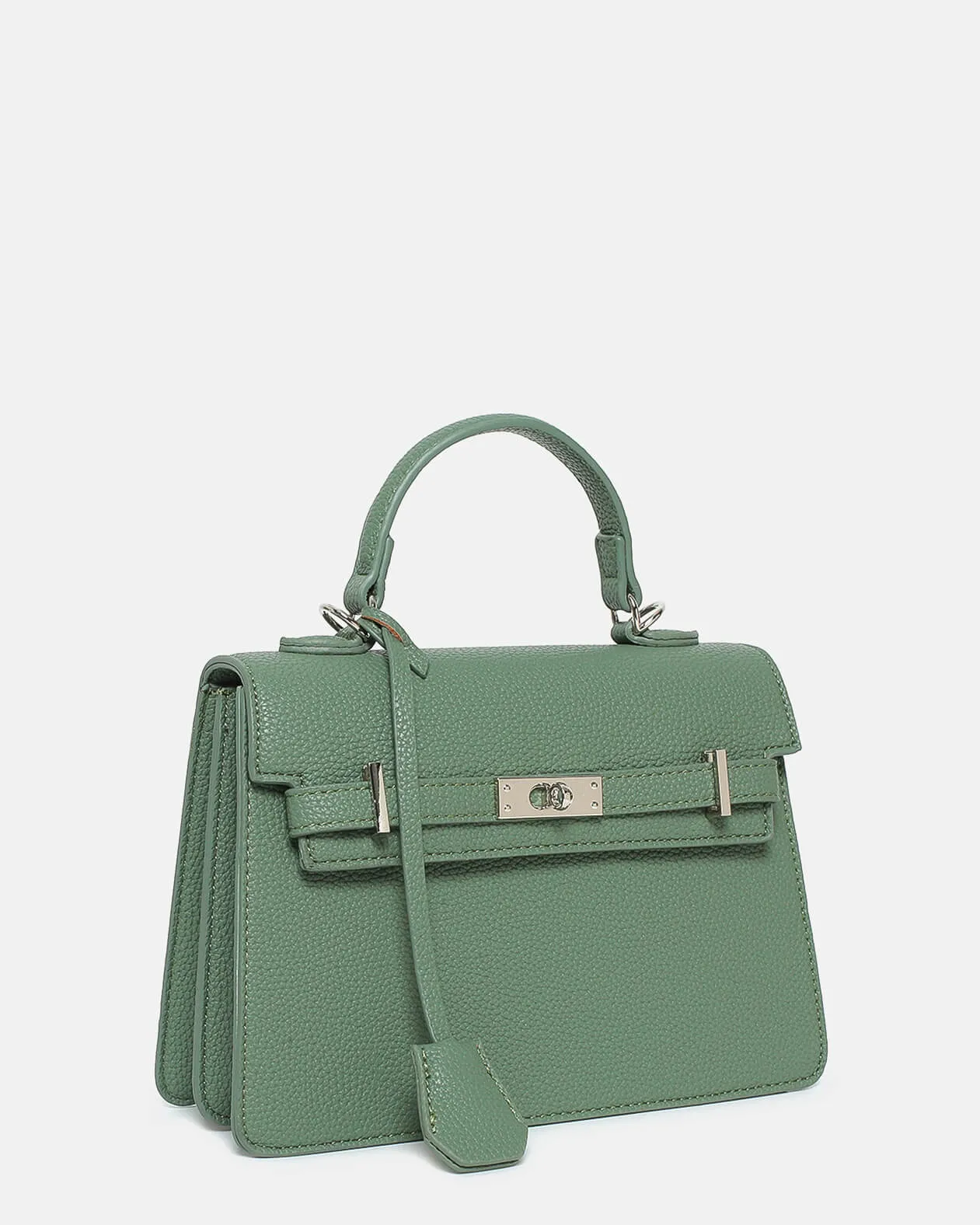 RIDDY -borsa a mano verde con rifiniture argento chisura clip e tracolla aggiuntiva