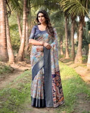 Sky Blue and Navy Digital Print Banarasi Silk Saree with Zari Woven Border and Floral Motif Pallu