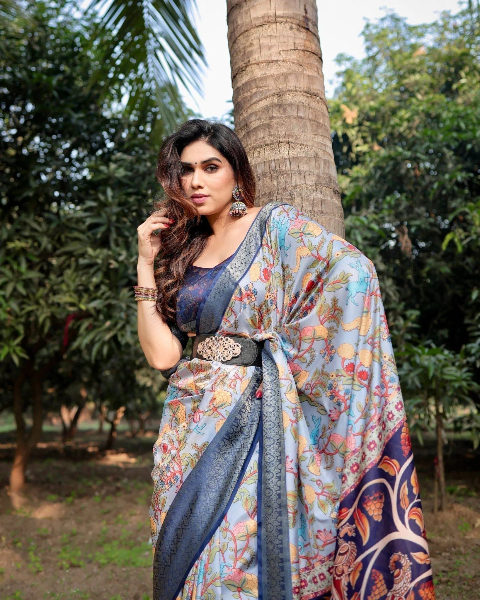 Sky Blue and Navy Digital Print Banarasi Silk Saree with Zari Woven Border and Floral Motif Pallu